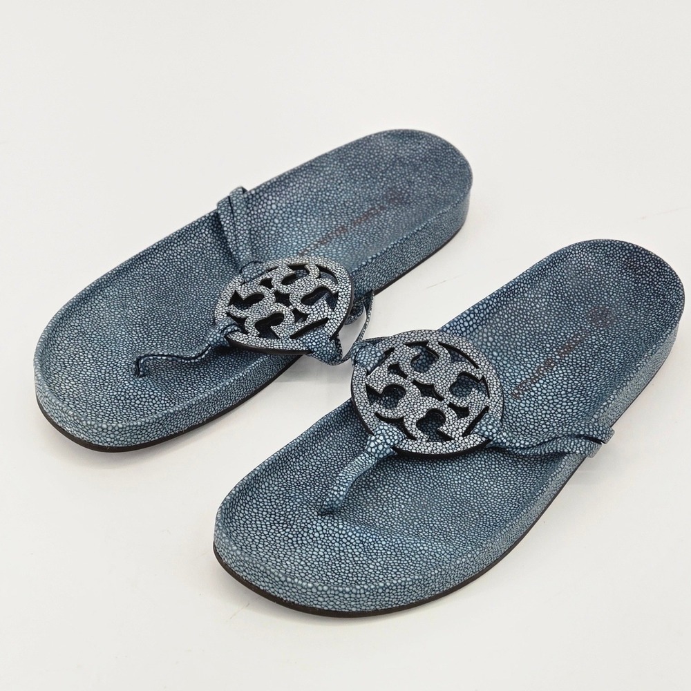 Tory Burch Miller Cloud Blue Stingray Embossed Leather Thong Sandals Shoes 10.5